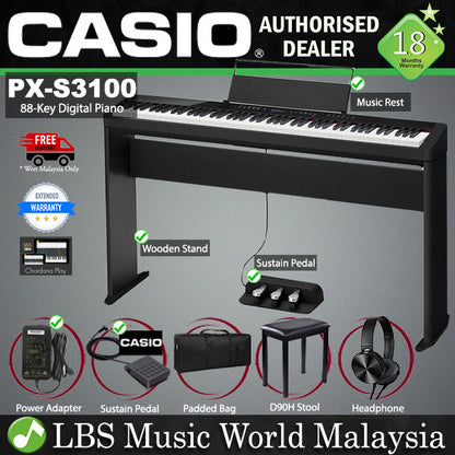 Casio PX-S3100 88 Key Digital Piano Keyboard Package with Bluetooth (PX S3100 PXS3100)