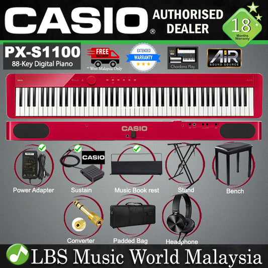Casio PX-S1100 88 Key Digital Piano Keyboard Portable Package With Bluetooth - Red (PX S1100 PXS1100)