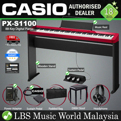 Casio PX-S1100 88 Key Digital Piano Keyboard Portable Package With Bluetooth - Red (PX S1100 PXS1100)