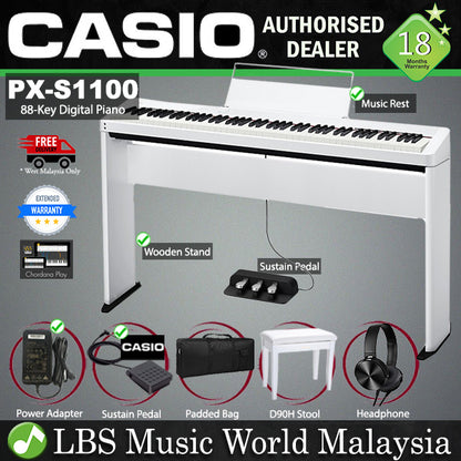 Casio PX-S1100 88 Key Digital Piano Keyboard Portable Package With Bluetooth - White (PX S1100 PXS1100)