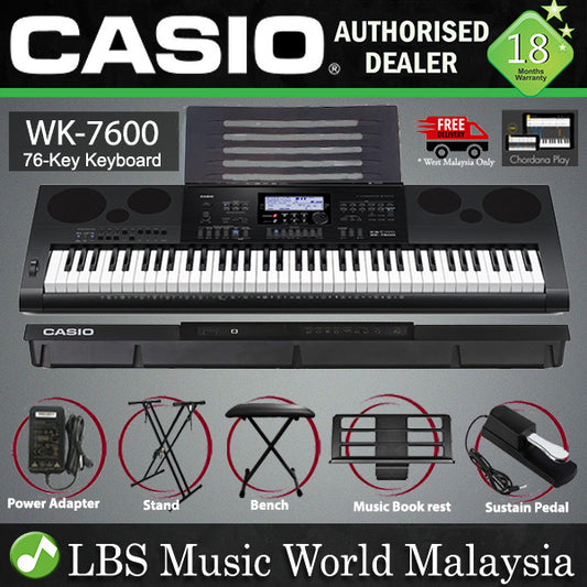 Casio WK-7600 76 Key Workstation Portable Keyboard Intermediate Package With D90H Stool And Premium Sustain Pedal (WK7600)