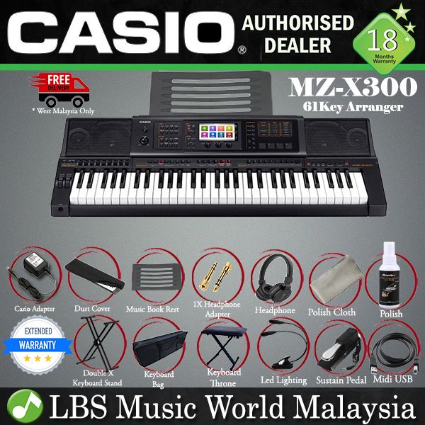 Casio MZ-X300 61 Key Portable Arranger Keyboard Complete Package (MZX300 MZX 300)