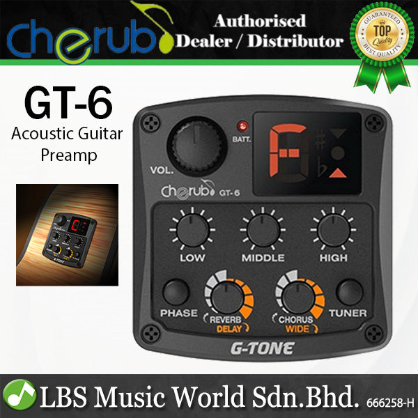 Cherub GT-6 3 Band EQ Built-in Chromatic Tuner, Delay and Chorus for Acoustic Guitar Preamp Pickup (GT6)