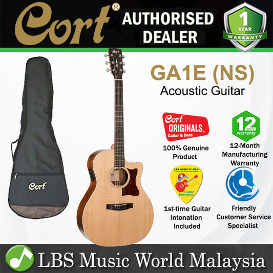 Cort GA1E Grand Auditorium Cutaway Solid Spruce Top Acoustic Electric Guitar with Bag - Natural Satin