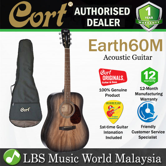 Cort Earth60M Dreadnought Solid Top Acoustic Guitar With Bag - Open Pore Trans Black Burst (Earth 60M)