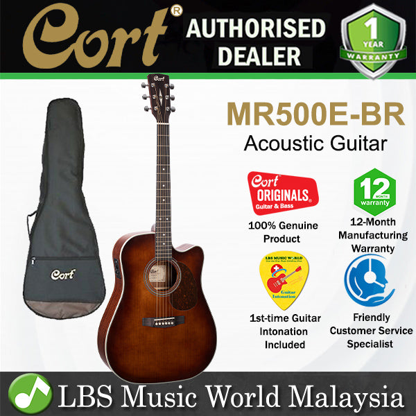 Cort MR500E Dreadnought Solid Top Acoustic Electric Guitar with Bag - Brown Burst (MR500 E)