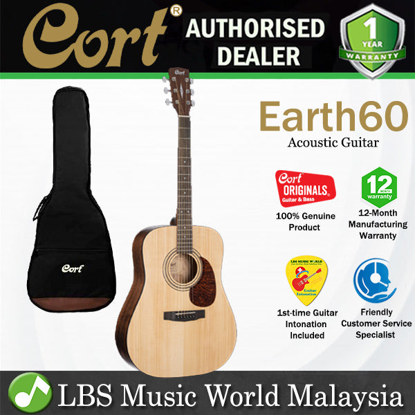 Cort Earth60 Dreadnought Solid Top Acoustic Guitar with Bag - Open Pore (Earth 60)