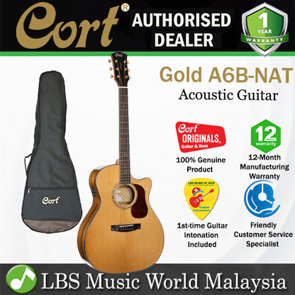 Cort Gold-A6 Bocote Auditorium Full Solid Acoustic Electric Guitar with Bag - Natural Glossy (Gold A6)