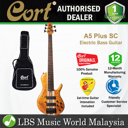 Cort A5 Plus SC 5 String Electric Bass Guitar Poplar Burl Top Ash Body - Amber Open Pore