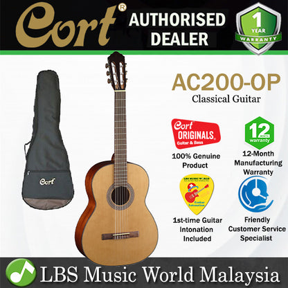 Cort AC200 Classic Body Solid Spruce Top Classical Guitar With Bag - Open Pore