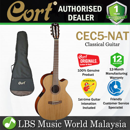 Cort CEC5 SFX Body Solid Red Cedar Classical Guitar With Bag and Pickup - Natural Glossy