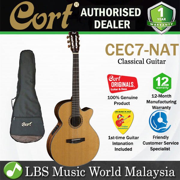 Cort CEC7 SFX Solid Top Red Cedar Classical Guitar With Bag and Pickup - Natural Glossy
