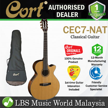 Cort CEC7 SFX Solid Top Red Cedar Classical Guitar With Bag and Pickup - Natural Glossy