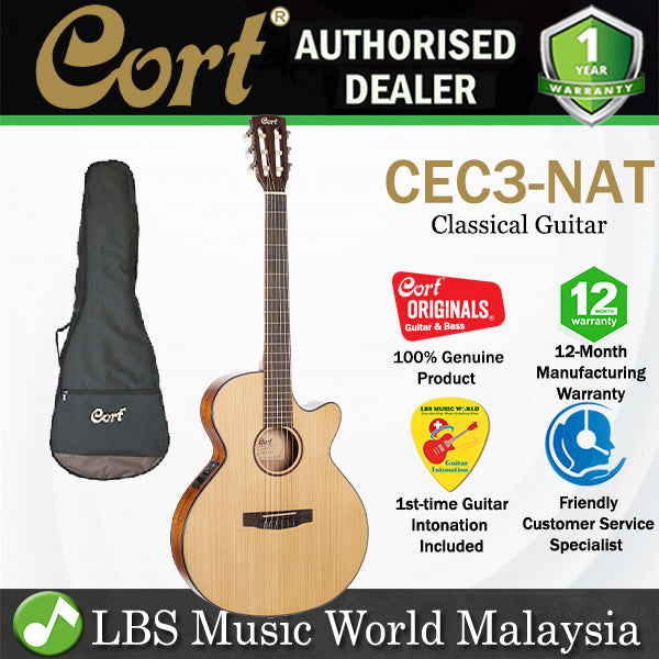 Cort CEC3 SFX Body Solid Spruce Top Classical Guitar With Bag and Pickup - Natural Satin