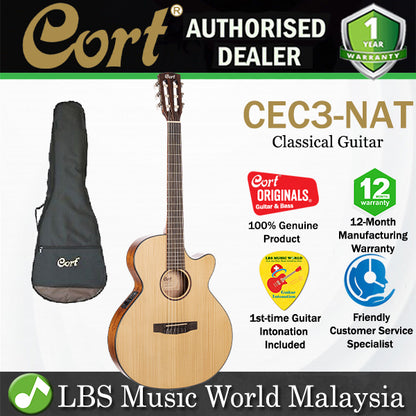 Cort CEC3 SFX Body Solid Spruce Top Classical Guitar With Bag and Pickup - Natural Satin
