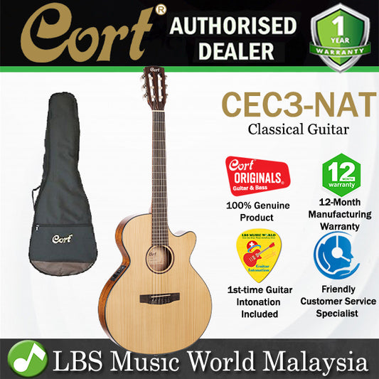 Cort CEC3 SFX Body Solid Spruce Top Classical Guitar With Bag and Pickup - Natural Satin