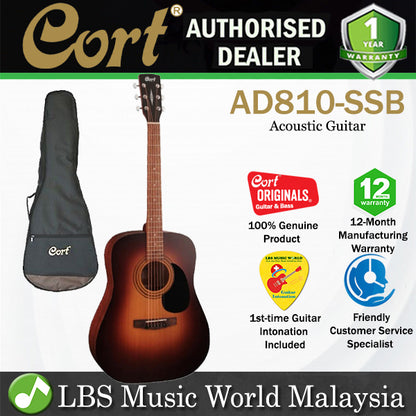 Cort AD810 Dreadnought Spruce Top Acoustic Guitar with Bag - Natural, Black & Sunburst (AD 810)-Satin Sunburst