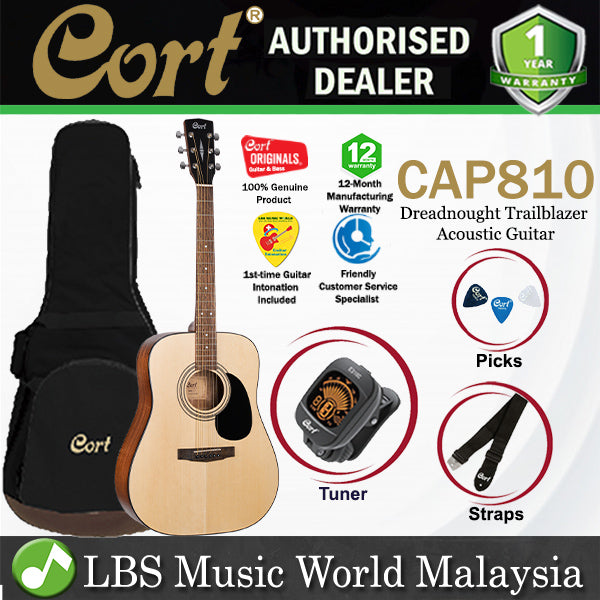 Cort CAP810 Dreadnought Trailblazer Acoustic Guitar Starter Pack With AD810, Tuner, Picks, And Strap