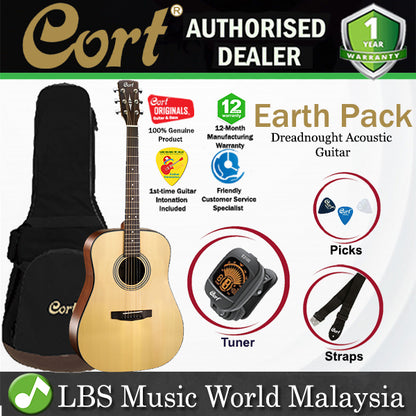 Cort Earth Pack Solid Spruce Top Dreadnought Acoustic Guitar With Earth 60, Tuner, Strap, Pick, And Gig Bag