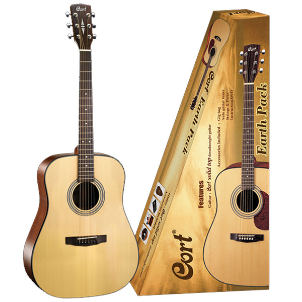 Cort Earth Pack Solid Spruce Top Dreadnought Acoustic Guitar With Earth 60, Tuner, Strap, Pick, And Gig Bag