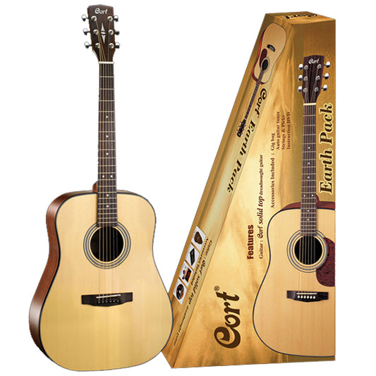 Cort Earth Pack Solid Spruce Top Dreadnought Acoustic Guitar With Earth 60, Tuner, Strap, Pick, And Gig Bag