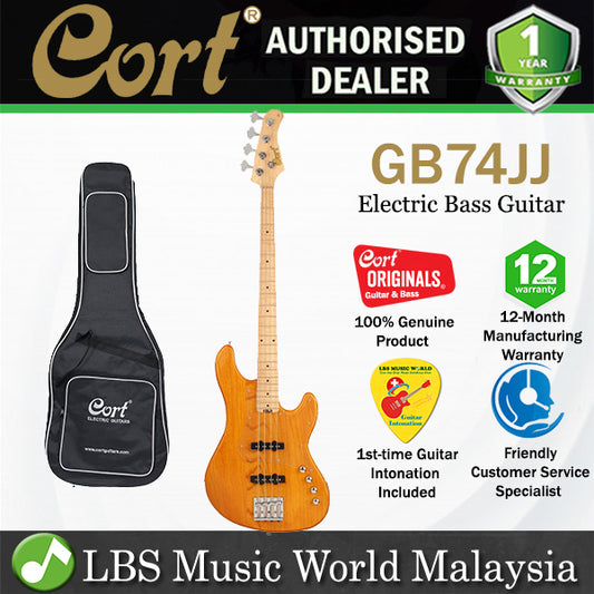 Cort GB74JJ 4 String Double Cutaway Bolt On Swamp Ash Electric Bass Guitar Amber (GB74 JJ)
