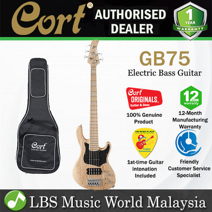 Cort GB75 5 String Double Cutaway Bolt On Swamp Ash Electric Bass Guitar Open Pore Natural (GB 75)