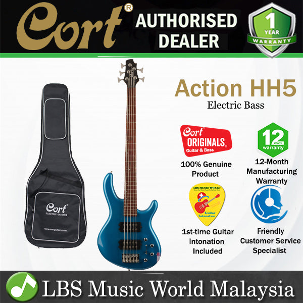Cort Action HH5 5 String Double Cutaway Bolt On Meranti Die Cast Toluca Lake Blue Electric Bass Guitar