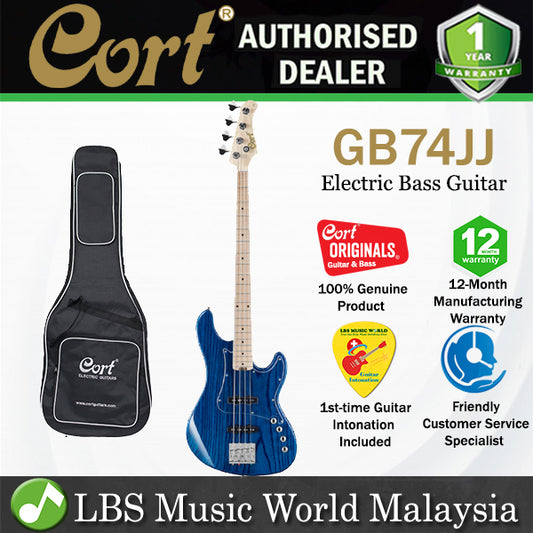 Cort GB74JJ 4 String Double Cutaway Bolt On Swamp Ash Electric Bass Guitar Aqua Blue (GB74 JJ)