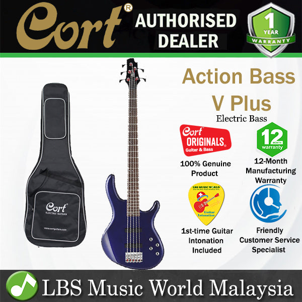 Cort Action Bass V Plus 5 String Double Cutaway Bolt On Poplar Blue Metallic Electric Bass Guitar