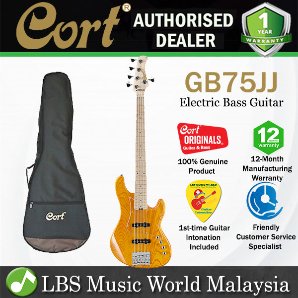 Cort GB75JJ 5 String Double Cutaway Bolt On Swamp Ash Electric Bass Guitar Amber (GB75 JJ)