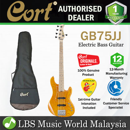 Cort GB75JJ 5 String Double Cutaway Bolt On Swamp Ash Electric Bass Guitar Amber (GB75 JJ)