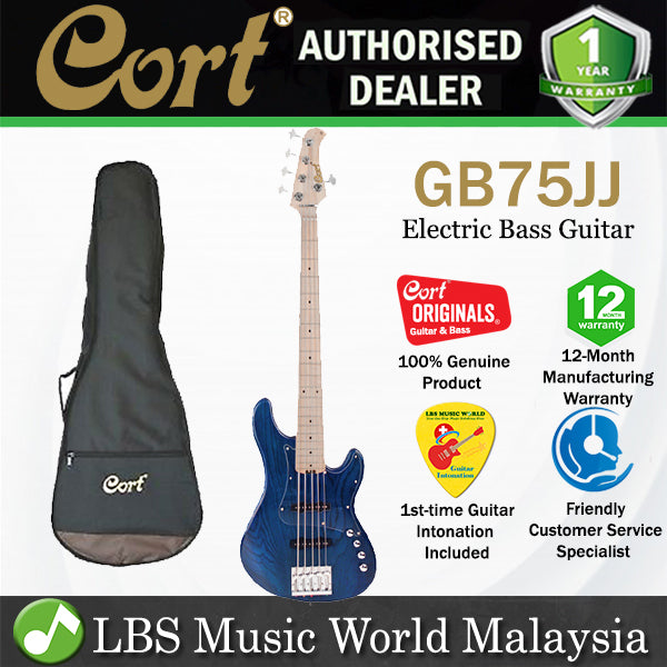 Cort GB75JJ 5 String Double Cutaway Bolt On Swamp Ash Electric Bass Guitar Aqua Blue (GB75 JJ)