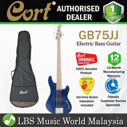 Cort GB75JJ 5 String Double Cutaway Bolt On Swamp Ash Electric Bass Guitar Aqua Blue (GB75 JJ)