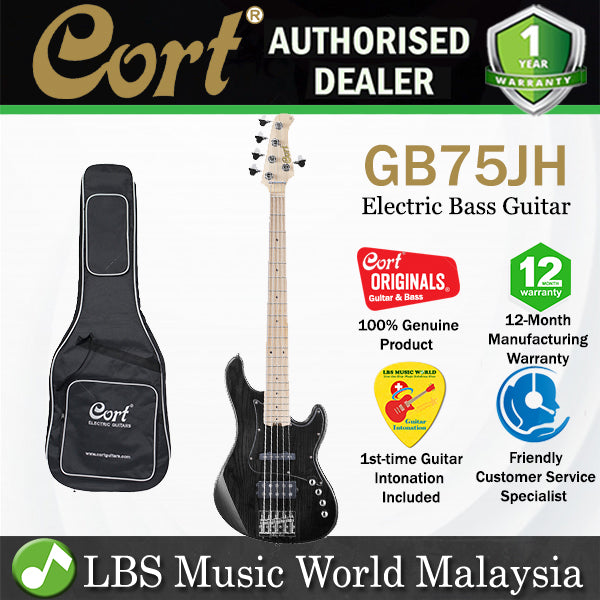 Cort GB75JH 5 String Double Cutaway Bolt On Swamp Ash Electric Bass Guitar Trans Black (GB75 JH)