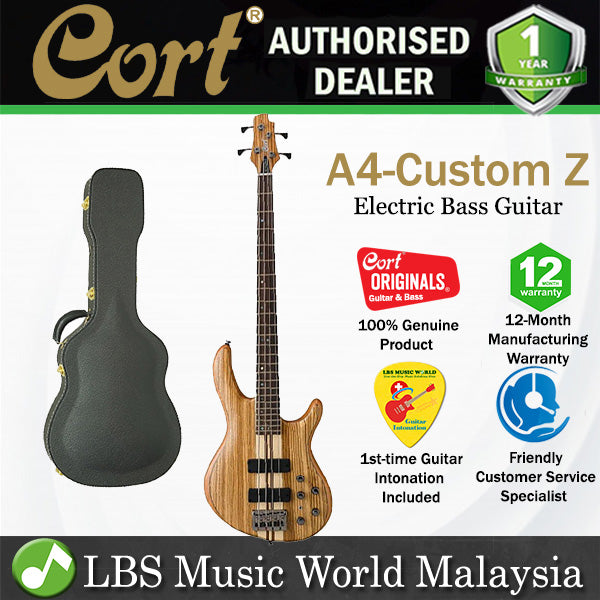 Cort A4 Custom-Z 4-String Double Cutaway Neck Thru Zebrawood Electric Bass Guitar With Case