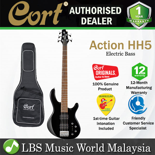 Cort Action HH5 5 String Double Cutaway Bolt On Meranti Die Cast Black Electric Bass Guitar