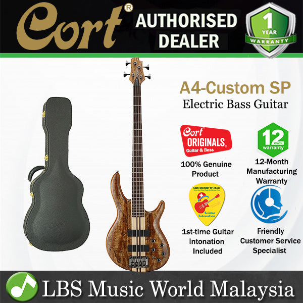 Cort A4 Custom SP 4 String Double Cutaway Spalted Maple Top Electric Bass Guitar with Case