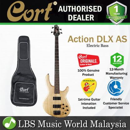 Cort Action DLX AS 4 String Double Cutaway Bolt On Swamp Ash Open Pore Electric Bass Guitar