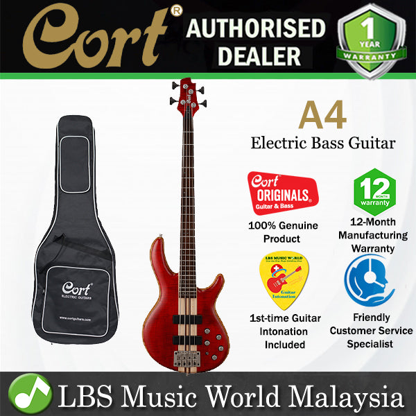 Cort A4 4 String Double Cutaway Neck Thru Maple Top Open Pore Electric Bass Guitar (A 4)