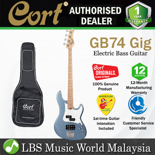 Cort GB74 Gig 4 String Double Cutaway Bolt On Alder Electric Bass Guitar Lake Placid Blue
