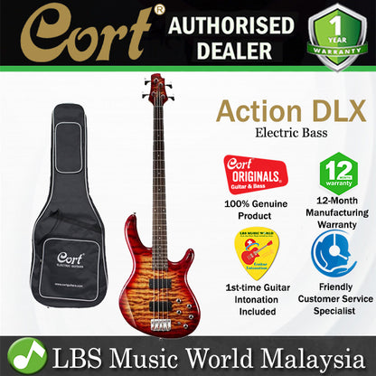 Cort Action DLX Plus 4 String Double Cutaway Bolt On Poplar Cherry Red Electric Bass Guitar