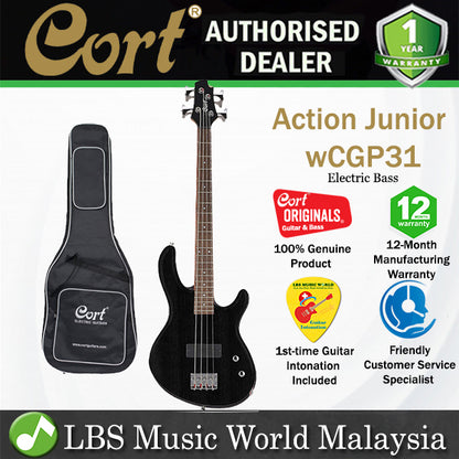 Cort Action Junior w/CGP31 4 String Double Cutaway Agathis Open Pore Black Electric Bass Guitar