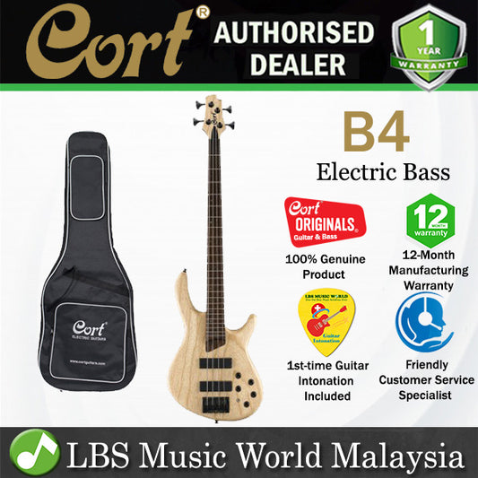 Cort B4 4 String Double Cutaway Bolt On Swamp Ash Open Pore Natural Electric Bass Guitar