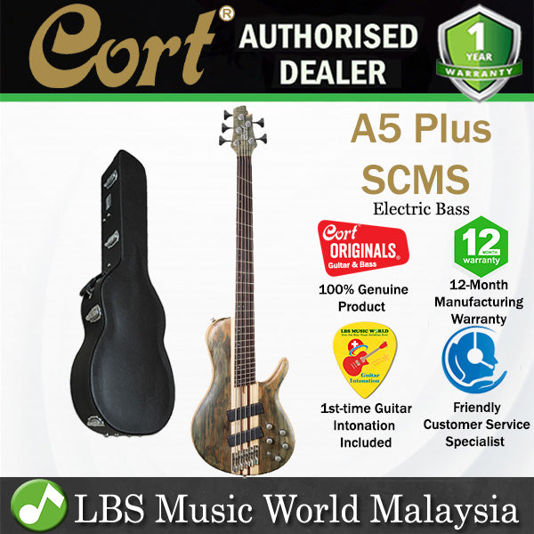 Cort A5 Plus SCMS 5 String Double Cutaway Swamp Ash Trans Grey Electric Bass Guitar with Case