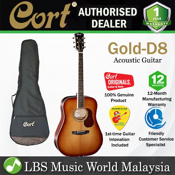 Cort Gold-D8 Dreadnought Torrefied Solid Sitka Spruce Acoustic Guitar with Bag Light Burst (Gold D8)