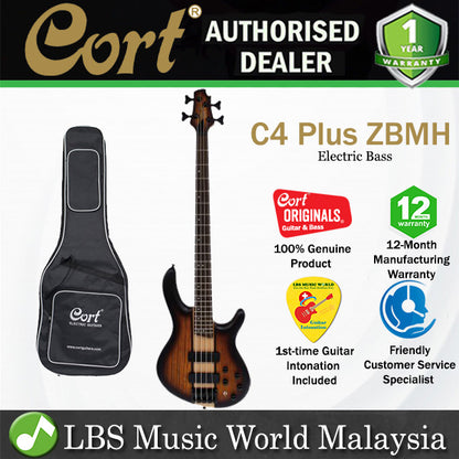 Cort C4 Plus ZBMH 4 String Double Cutaway Bolt On Mahogany Electric Bass Guitar - Open Pore Tabacco Burs