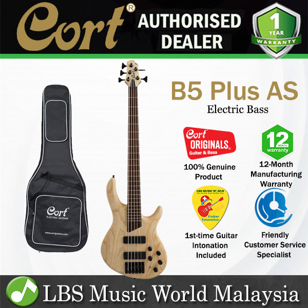 Cort B5 Plus AS 5 String Double Cutaway Bolt On Swamp Ash Open Pore Natural Electric Bass Guitar