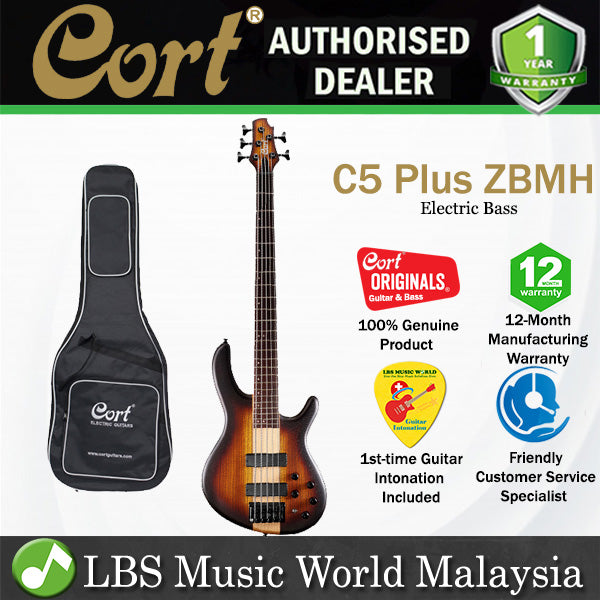Cort C5 Plus ZBMH 5 String Double Cutaway Bolt On Mahogany Electric Bass Guitar - Open Pore Tabacco Burst