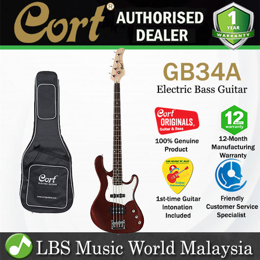 Cort GB34A 4 String Double Cutaway Bolt On Agathis Electric Bass Guitar Walnut Satin (GB34 A)